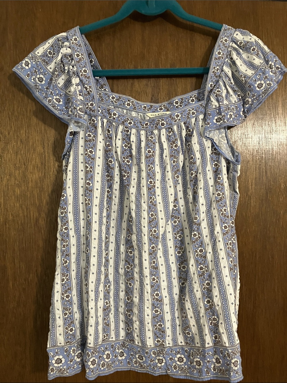 Max Studio Blue & White Striped Floral Blouse with Flutter Sleeves - Size Large